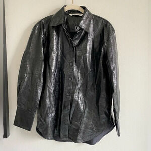 Black Zara Faux Leather Crocodile-Effect Oversized Shirt Jacket  Size Small